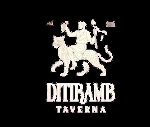 Ditiramb Taverna logo featuring a cream-colored lion figure with wine glasses on black background