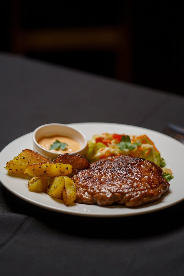 Plated steak with roasted potatoes, vegetables, and sauce on a white dish against a dark background